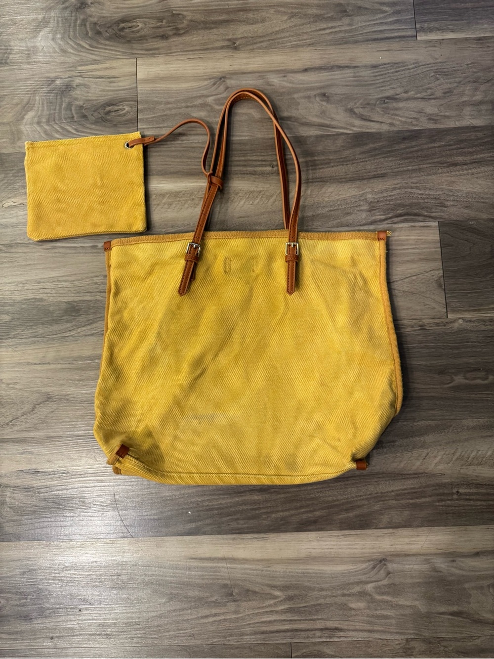 Carly Jean Los Angeles Yellow Canvas Tote with Brown Handles and Pouch
